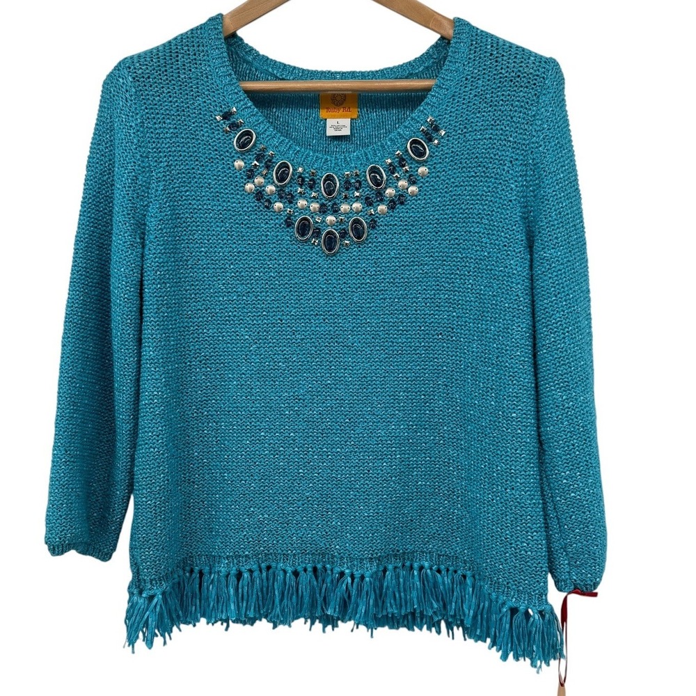 Ruby Rd Boho Cool Sweater Womens Large Aqua Fringe Embellished Lightweight NWT
